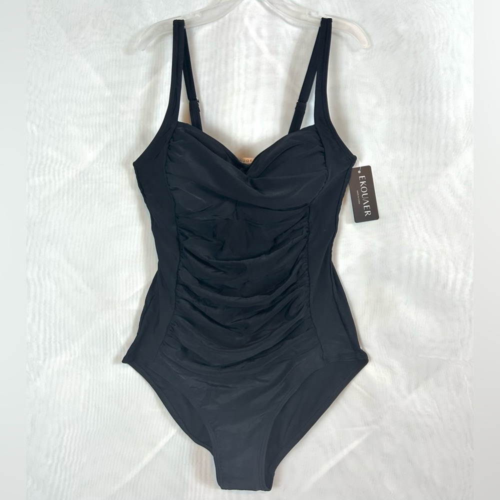 NWT Womens Black One Piece Slimming Ruched Swimsuit / size small
